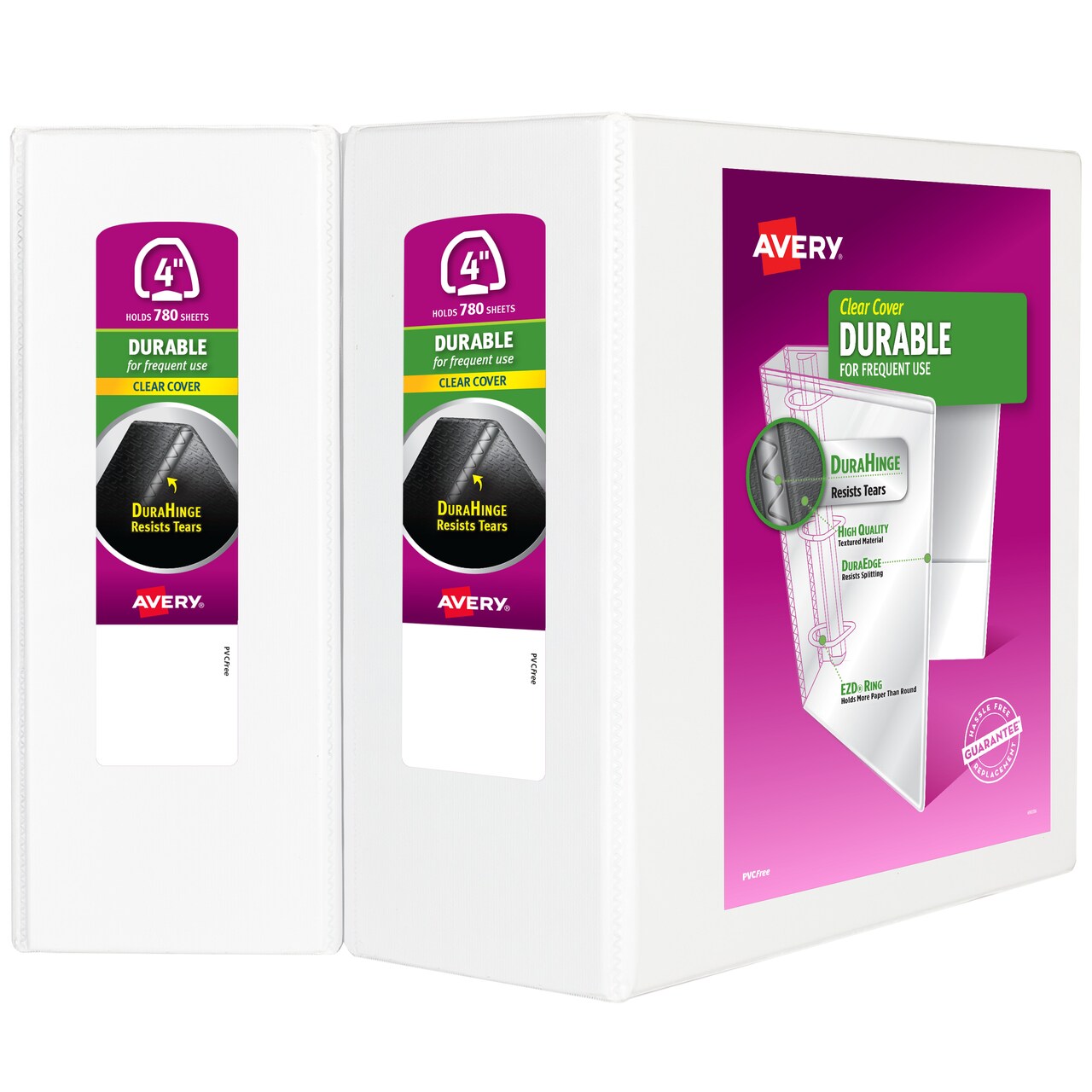 Avery 4" Durable View 3 Ring Binder, EZD Ring, Holds 8.5" x 11" Paper, 2 White Binders (9801)